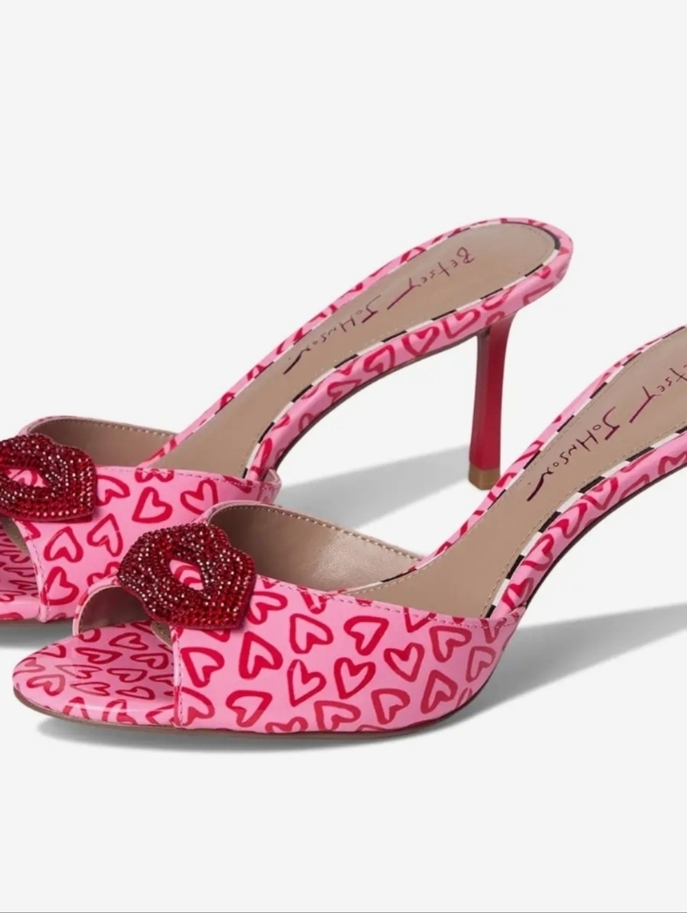 💕▪️Betsey Johnson▪️ Casidy Pink Heart-Print High Heel Mules - Picture 2 of 7